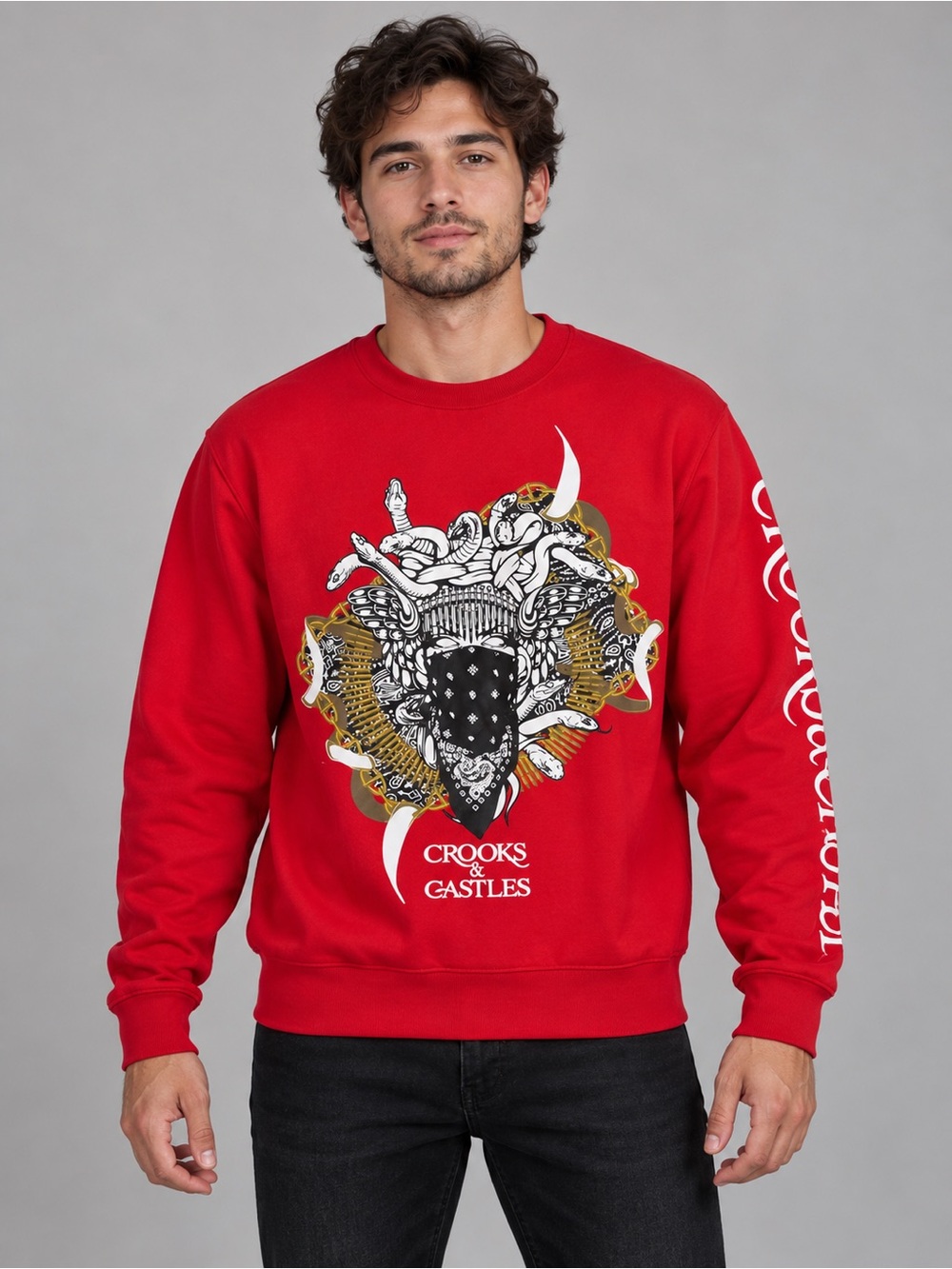 Crooks & Castles Medusa bandana red Graphic Crewneck Sweatshirt